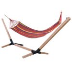 Hamac Rosu pentru 1 persoana, ideal pentru relaxare in gradina sau curte, 195x85cm, cu Suport din Lemn, 360x85 cm, capacitate 120kg, natur