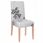 Husa scaun dining/bucatarie, din spandex, model cu frunze, culoare gri