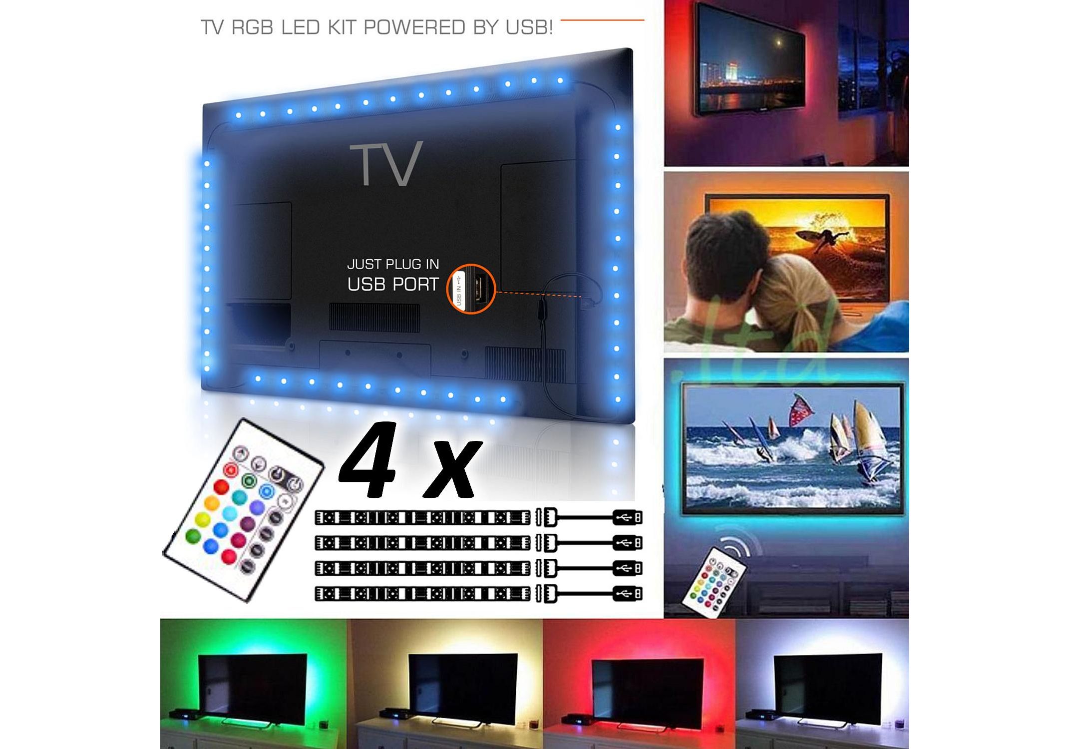 Kit Premium 4 x Banda LED USB pentru Iluminare Ambientala in Spatele Televizorului TV RGB, Model 4 Bucati cu Telecomanda mai complex magazin de produse auto - AutoLux